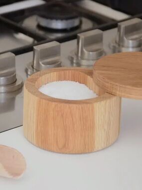 Wooden Round Swing Top Lid Salt Cellar Storage Box - Natural Oak